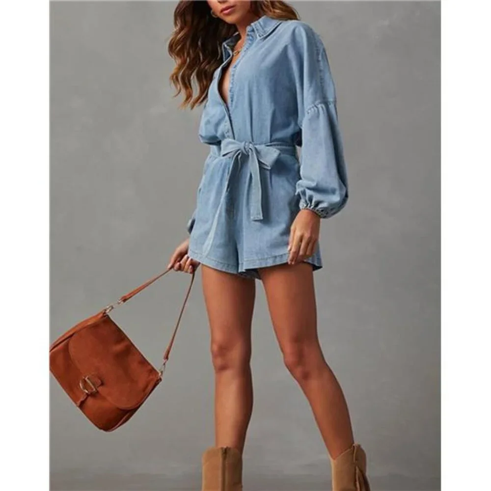 Women's Casual Denim Romper - Picture 6 of 7